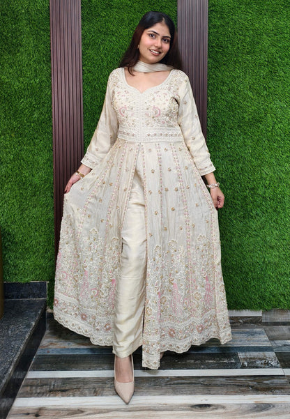 Indo western Style Heavy Hand Beaded Work Long Anarkali Trouser Pants Set with Front Slit - Off White