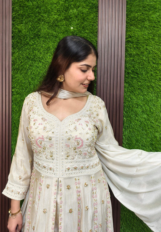 Indo western Style Heavy Hand Beaded Work Long Anarkali Trouser Pants Set with Front Slit - Off White