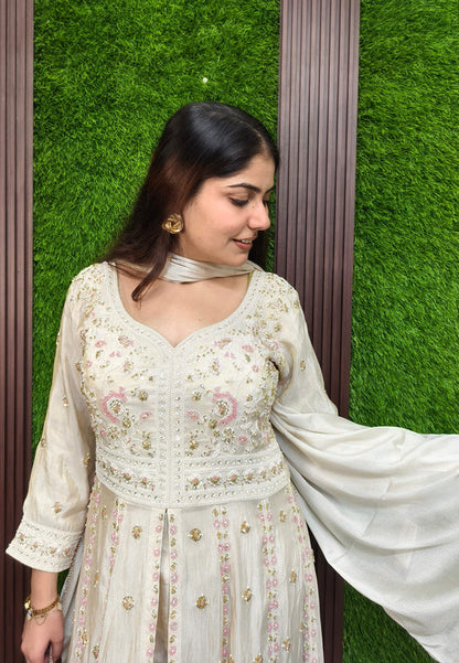 Indo western Style Heavy Hand Beaded Work Long Anarkali Trouser Pants Set with Front Slit - Off White