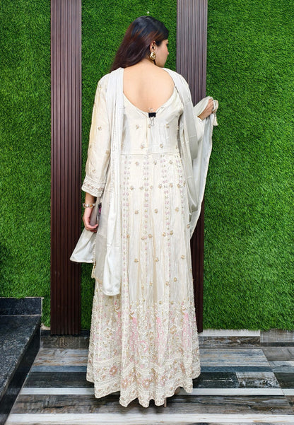 Indo western Style Heavy Hand Beaded Work Long Anarkali Trouser Pants Set with Front Slit - Off White