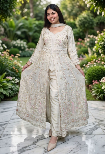Indo western Style Heavy Hand Beaded Work Long Anarkali Trouser Pants Set with Front Slit - Off White