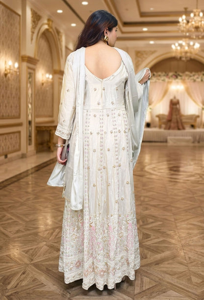 Indo western Style Heavy Hand Beaded Work Long Anarkali Trouser Pants Set with Front Slit - Off White