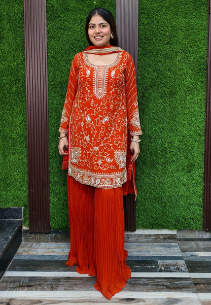 Designer Heavy Mirror Work and Hand Beaded Embroidery Sharara Suit with Georgette Duppatta
