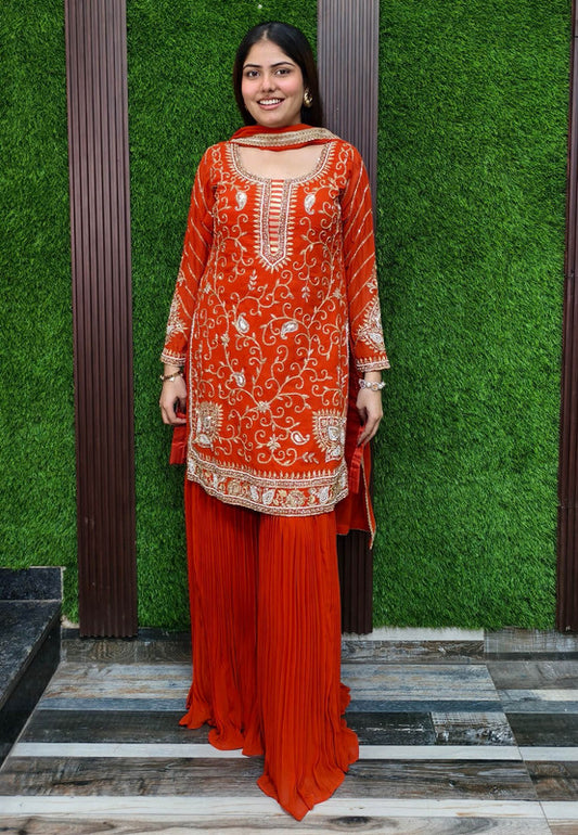 Designer Heavy Mirror Work and Hand Beaded Embroidery Sharara Suit with Georgette Duppatta