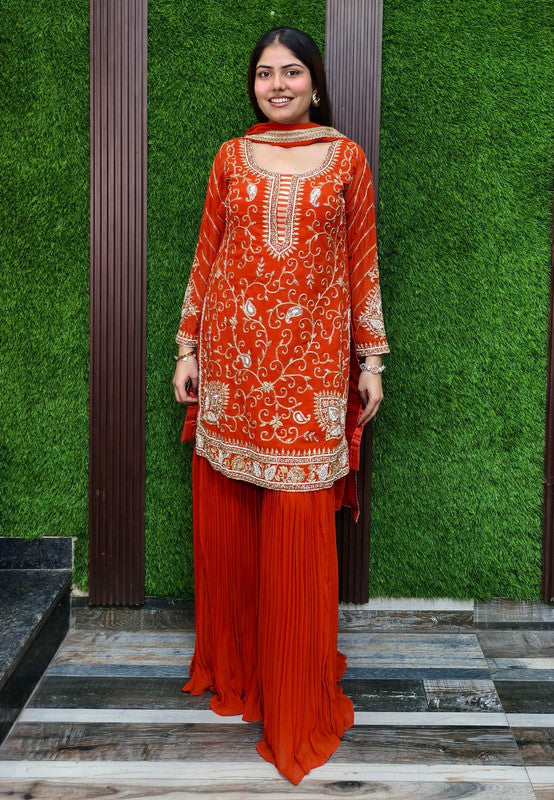 Designer Heavy Mirror Work and Hand Beaded Embroidery Sharara Suit with Georgette Duppatta