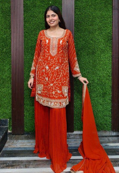 Designer Heavy Mirror Work and Hand Beaded Embroidery Sharara Suit with Georgette Duppatta