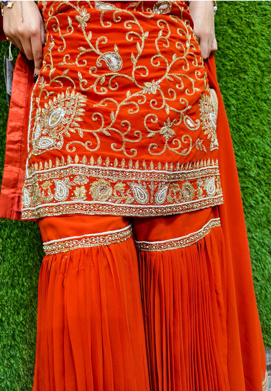 Designer Heavy Mirror Work and Hand Beaded Embroidery Sharara Suit with Georgette Duppatta