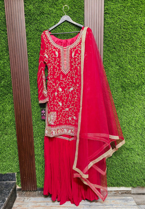 Designer Heavy Mirror Work and Hand Beaded Embroidery Sharara Suit with Georgette Duppatta