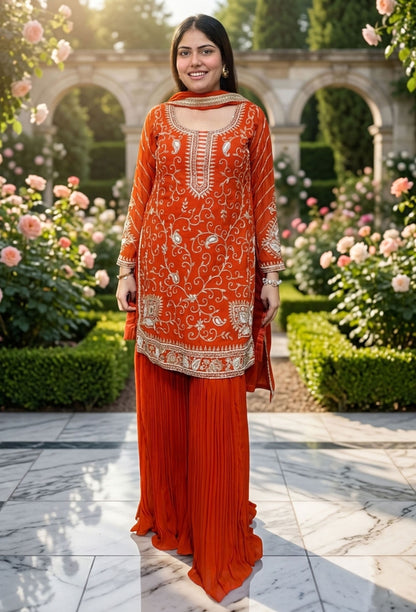 Designer Heavy Mirror Work and Hand Beaded Embroidery Sharara Suit with Georgette Duppatta