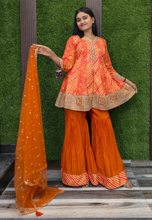 Designer Zari Embroidery Peplum Chinnon Silk leheriya Print Sharara Suit - Orange