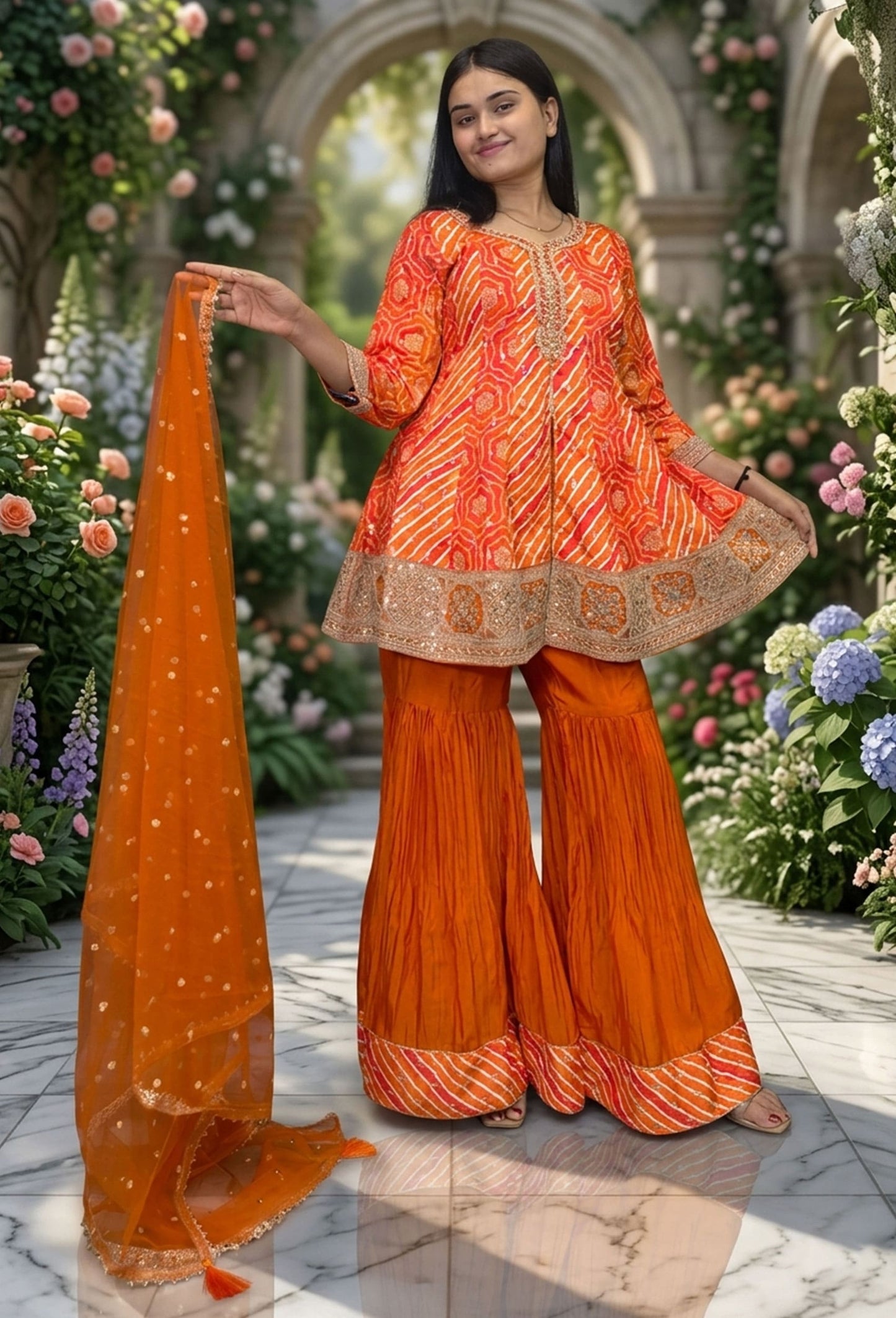 Designer Zari Embroidery Peplum Chinnon Silk leheriya Print Sharara Suit - Orange