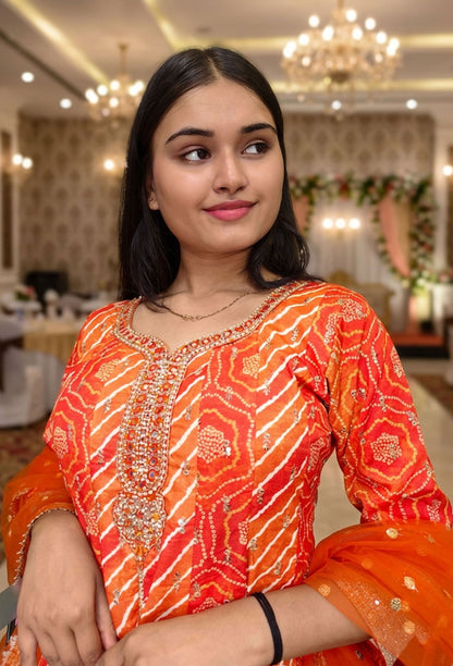 Designer Zari Embroidery Peplum Chinnon Silk leheriya Print Sharara Suit - Orange