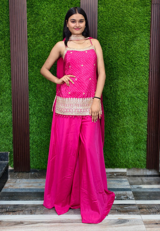 Spaghetti Style Girlish Short Printed Embroidered Armani Satin Sharara Suit with Choker Duppatta