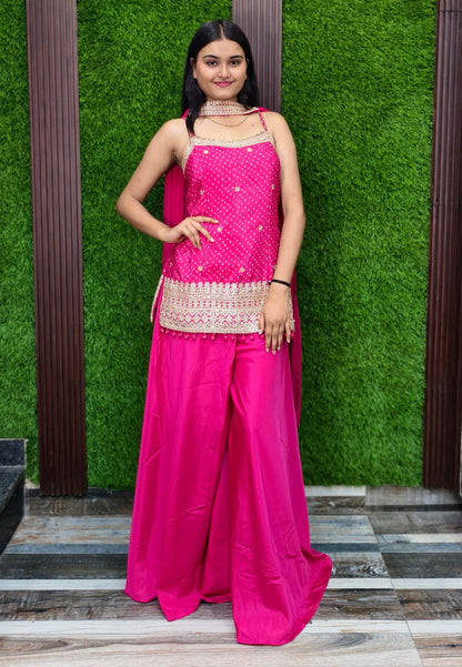 Spaghetti Style Girlish Short Printed Embroidered Armani Satin Sharara Suit with Choker Duppatta