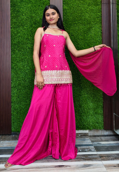 Spaghetti Style Girlish Short Printed Embroidered Armani Satin Sharara Suit with Choker Duppatta