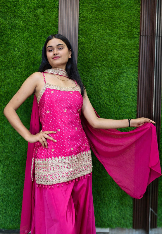 Spaghetti Style Girlish Short Printed Embroidered Armani Satin Sharara Suit with Choker Duppatta
