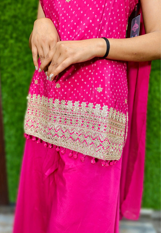Spaghetti Style Girlish Short Printed Embroidered Armani Satin Sharara Suit with Choker Duppatta