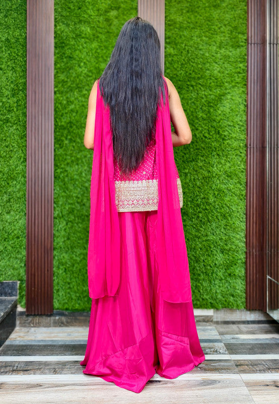 Spaghetti Style Girlish Short Printed Embroidered Armani Satin Sharara Suit with Choker Duppatta
