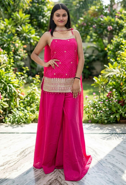 Spaghetti Style Girlish Short Printed Embroidered Armani Satin Sharara Suit with Choker Duppatta