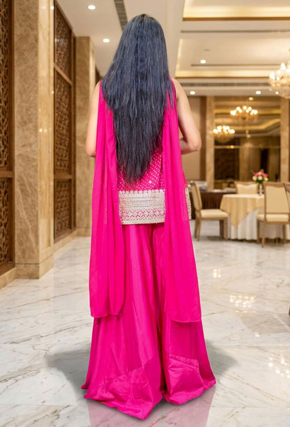 Spaghetti Style Girlish Short Printed Embroidered Armani Satin Sharara Suit with Choker Duppatta