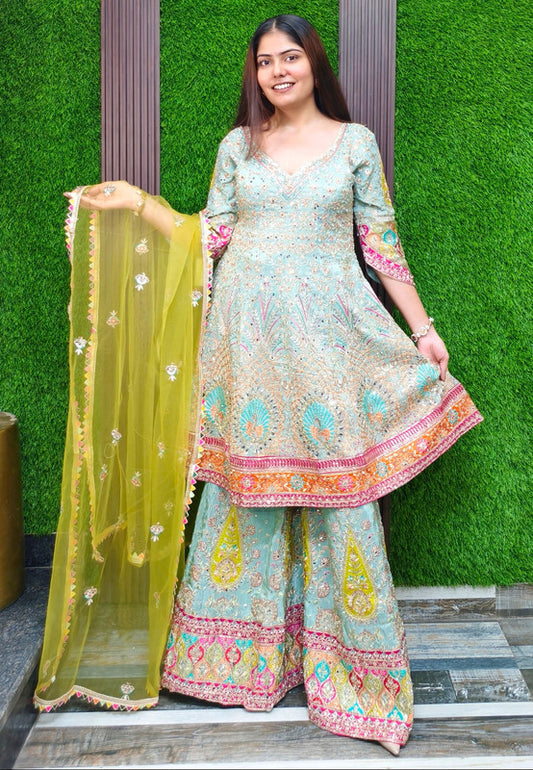Anarkali Style Multi Embroidered Hand Work Sharara Suit With Contrast Colour Net Duppatta