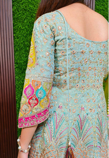 Anarkali Style Multi Embroidered Hand Work Sharara Suit With Contrast Colour Net Duppatta
