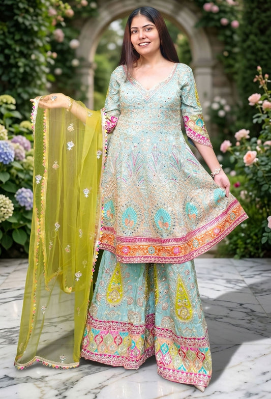 Anarkali Style Multi Embroidered Hand Work Sharara Suit With Contrast Colour Net Duppatta