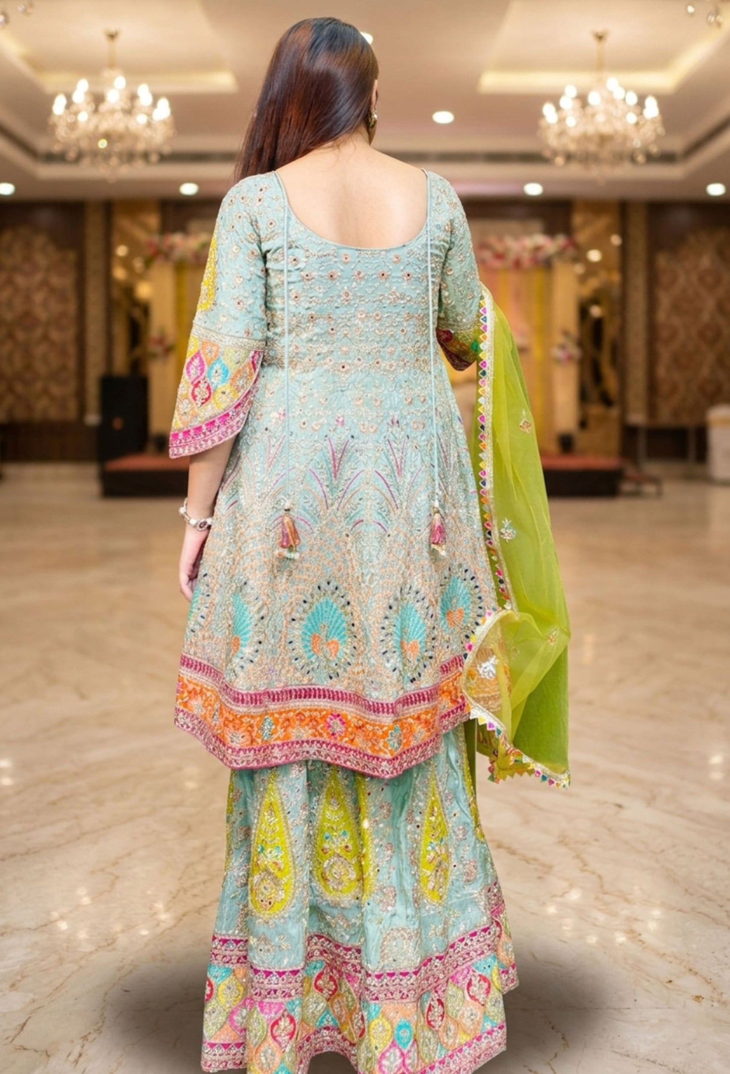 Anarkali Style Multi Embroidered Hand Work Sharara Suit With Contrast Colour Net Duppatta