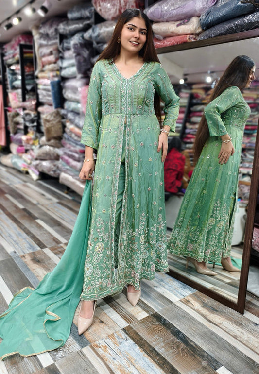 Indo western Style Heavy Hand Beaded Long Anarkali Trouser Pants with Front Slit - Green