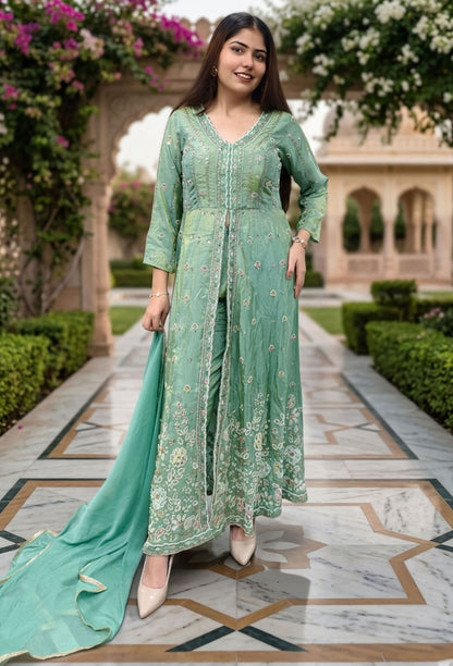 Indo western Style Heavy Hand Beaded Long Anarkali Trouser Pants with Front Slit - Green