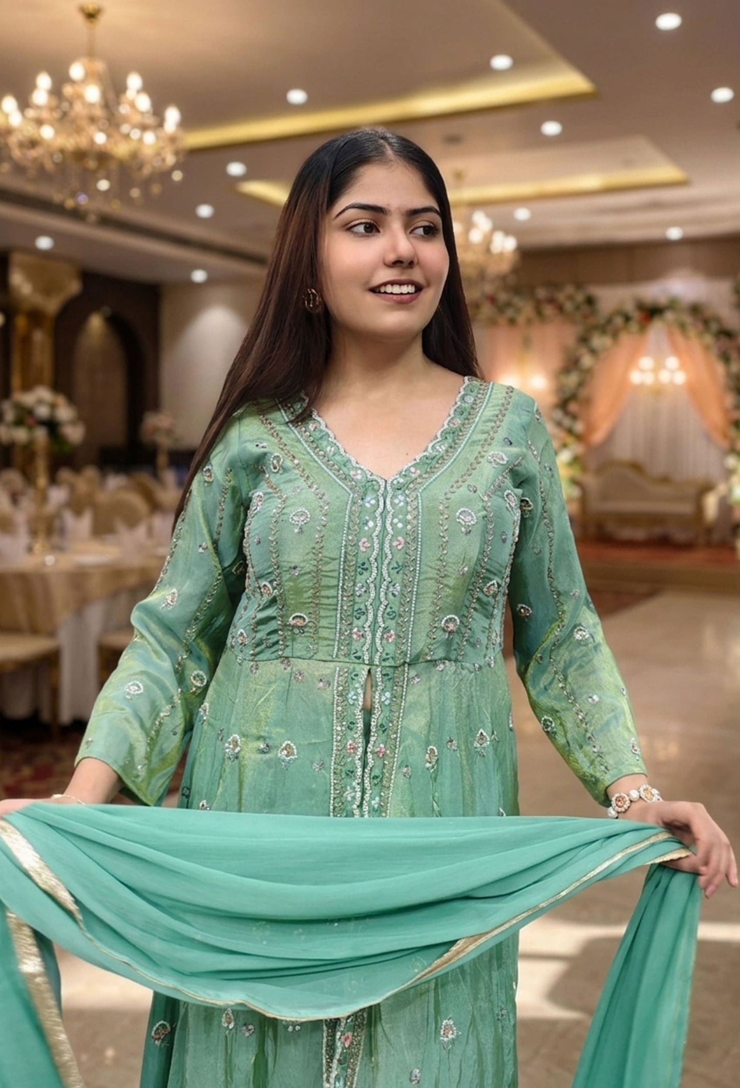 Indo western Style Heavy Hand Beaded Long Anarkali Trouser Pants with Front Slit - Green