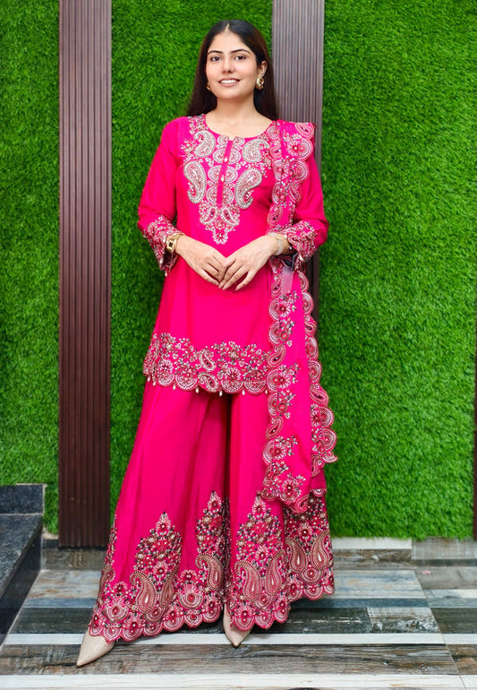 Multi Thread work Straight Sharara Suit with Scalp Embroidered Duppatta - Hot Pink