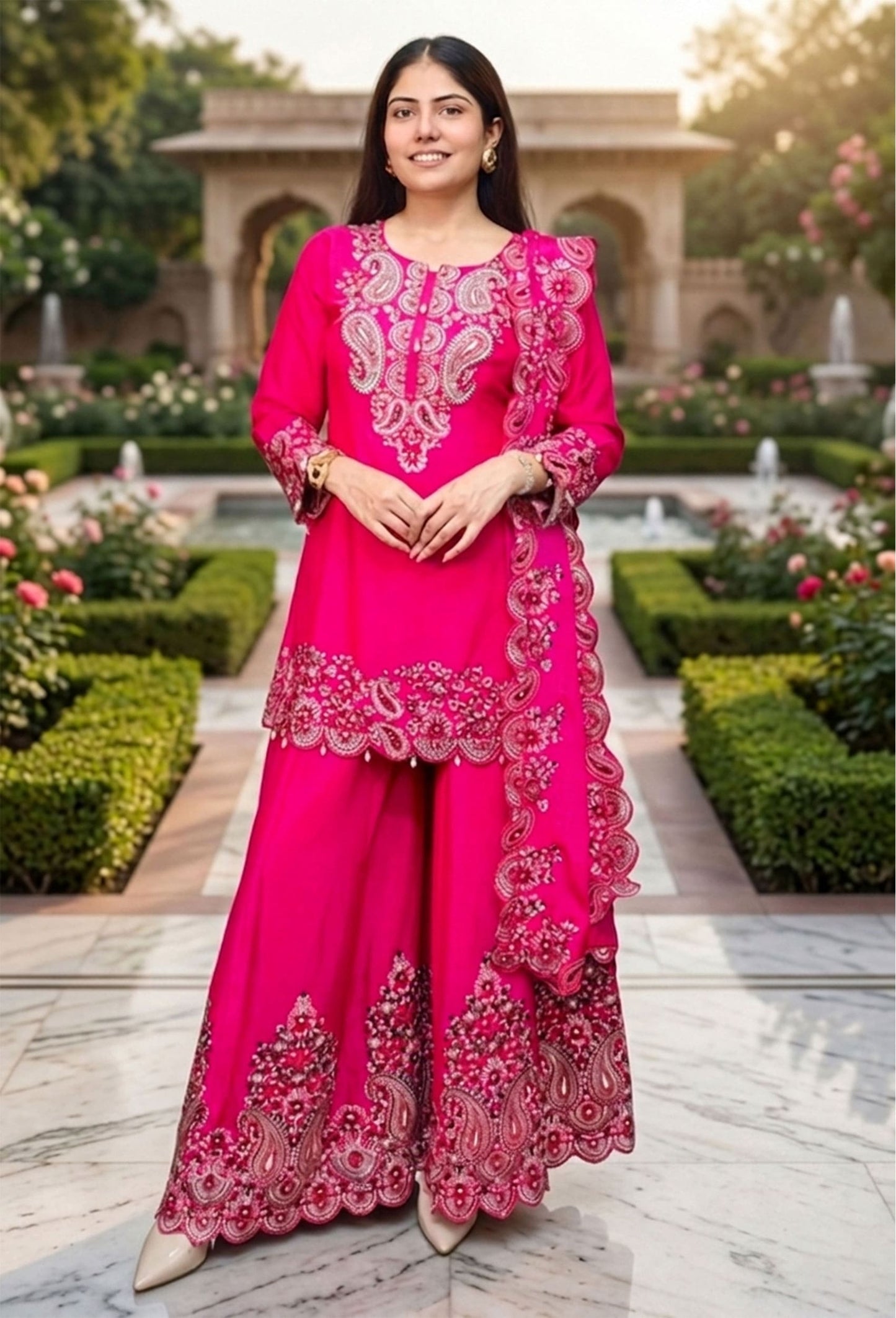 Multi Thread work Straight Sharara Suit with Scalp Embroidered Duppatta - Hot Pink