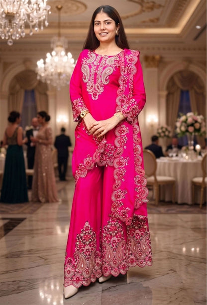 Multi Thread work Straight Sharara Suit with Scalp Embroidered Duppatta - Hot Pink