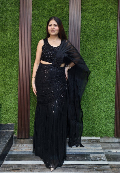 Sequence Work Cowl Style Indo Western Cocktail Dress in Black with Hand Work Blouse