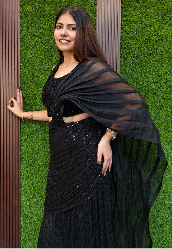 Sequence Work Cowl Style Indo Western Cocktail Dress in Black with Hand Work Blouse