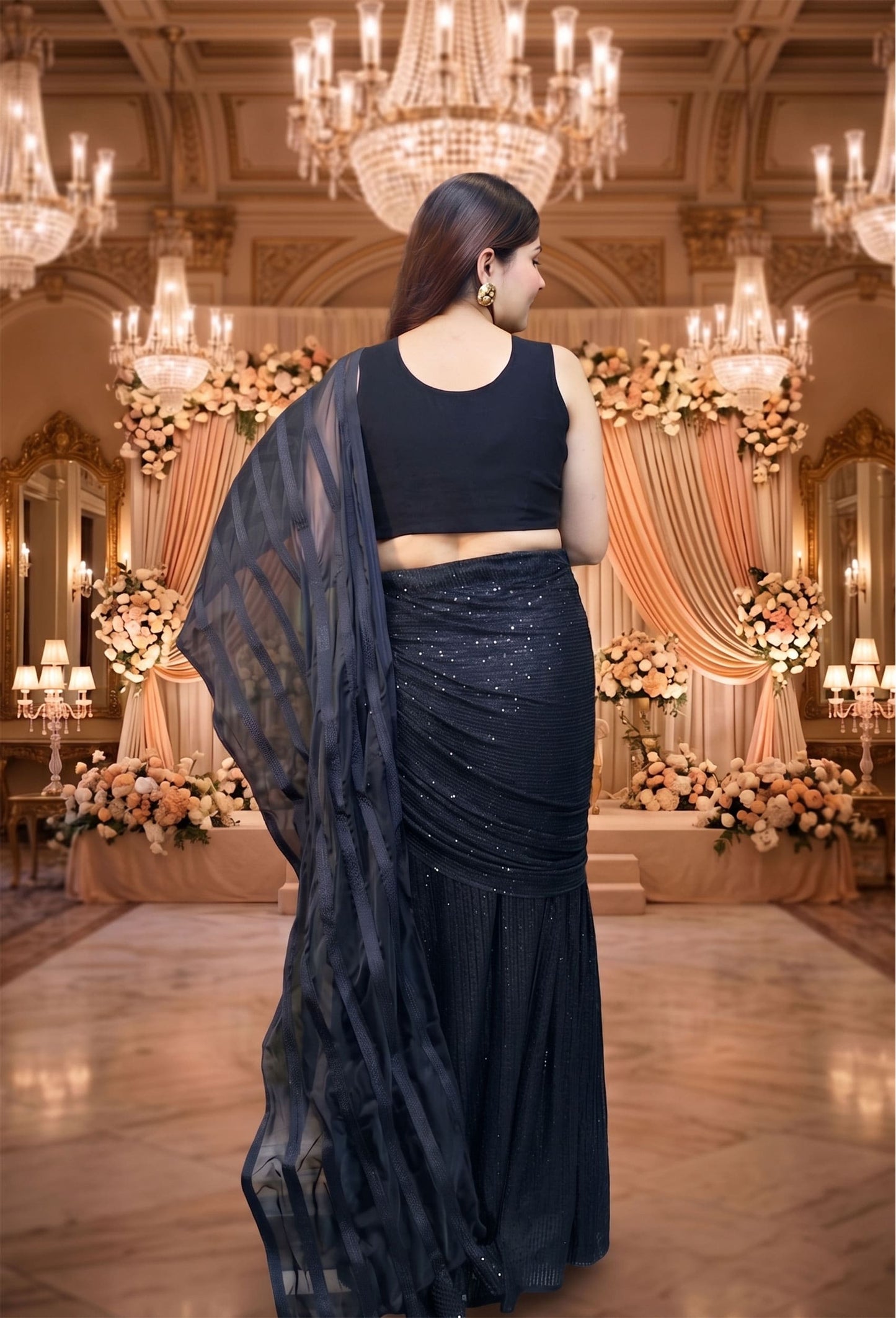 Sequence Work Cowl Style Indo Western Cocktail Dress in Black with Hand Work Blouse