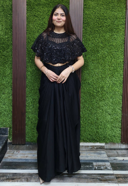 Indo Western Bead Work Detachable Cape Dress with Crop Top and Skirt in Black