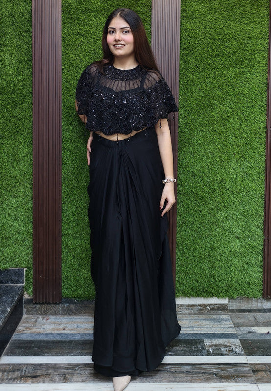 Indo Western Bead Work Detachable Cape Dress with Crop Top and Skirt in Black