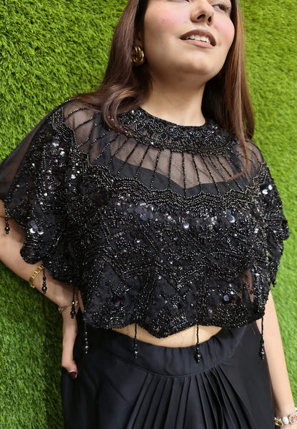Indo Western Bead Work Detachable Cape Dress with Crop Top and Skirt in Black