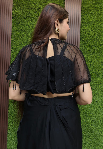 Indo Western Bead Work Detachable Cape Dress with Crop Top and Skirt in Black