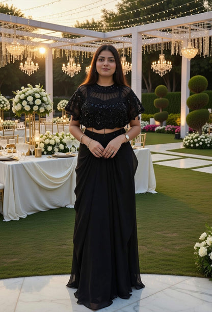 Indo Western Bead Work Detachable Cape Dress with Crop Top and Skirt in Black
