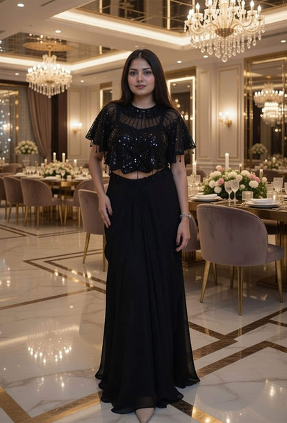 Indo Western Bead Work Detachable Cape Dress with Crop Top and Skirt in Black