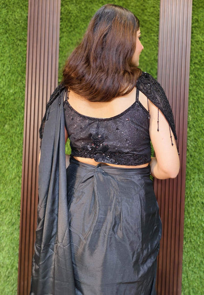 Chinnon Silk Pre-Draped Saree with Fully Hand-Embellished Blouse and Separate Shoulder Styling