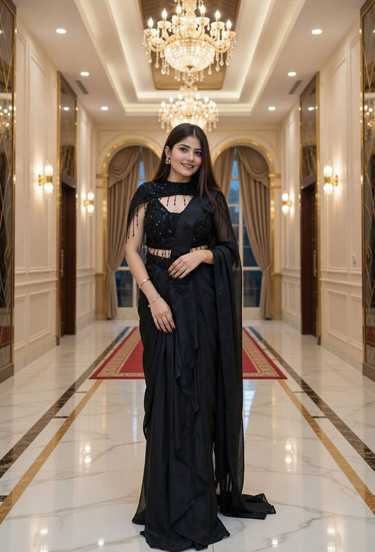 Chinnon Silk Pre-Draped Saree with Fully Hand-Embellished Blouse and Separate Shoulder Styling