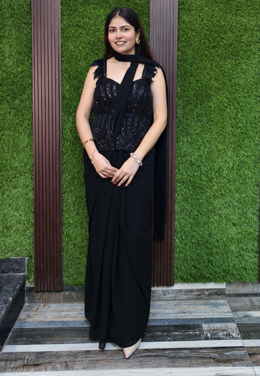 Peplum Style Drape Dress with Hand Work Blouse and Feather Design Spaghetti Straps in Georgette