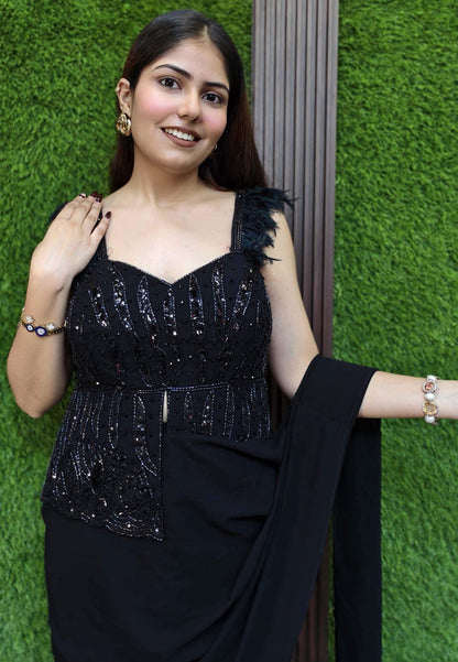 Peplum Style Drape Dress with Hand Work Blouse and Feather Design Spaghetti Straps in Georgette