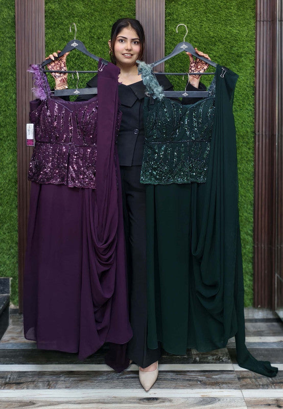 Peplum Style Drape Dress with Hand Work Blouse and Feather Design Spaghetti Straps in Georgette