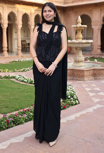 Peplum Style Drape Dress with Hand Work Blouse and Feather Design Spaghetti Straps in Georgette