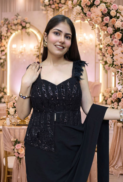 Peplum Style Drape Dress with Hand Work Blouse and Feather Design Spaghetti Straps in Georgette